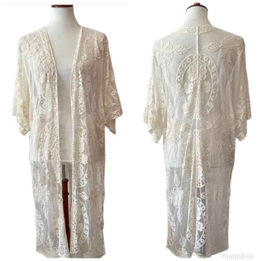 Crochet Lace Boho Floral Duster Cream Kimono L